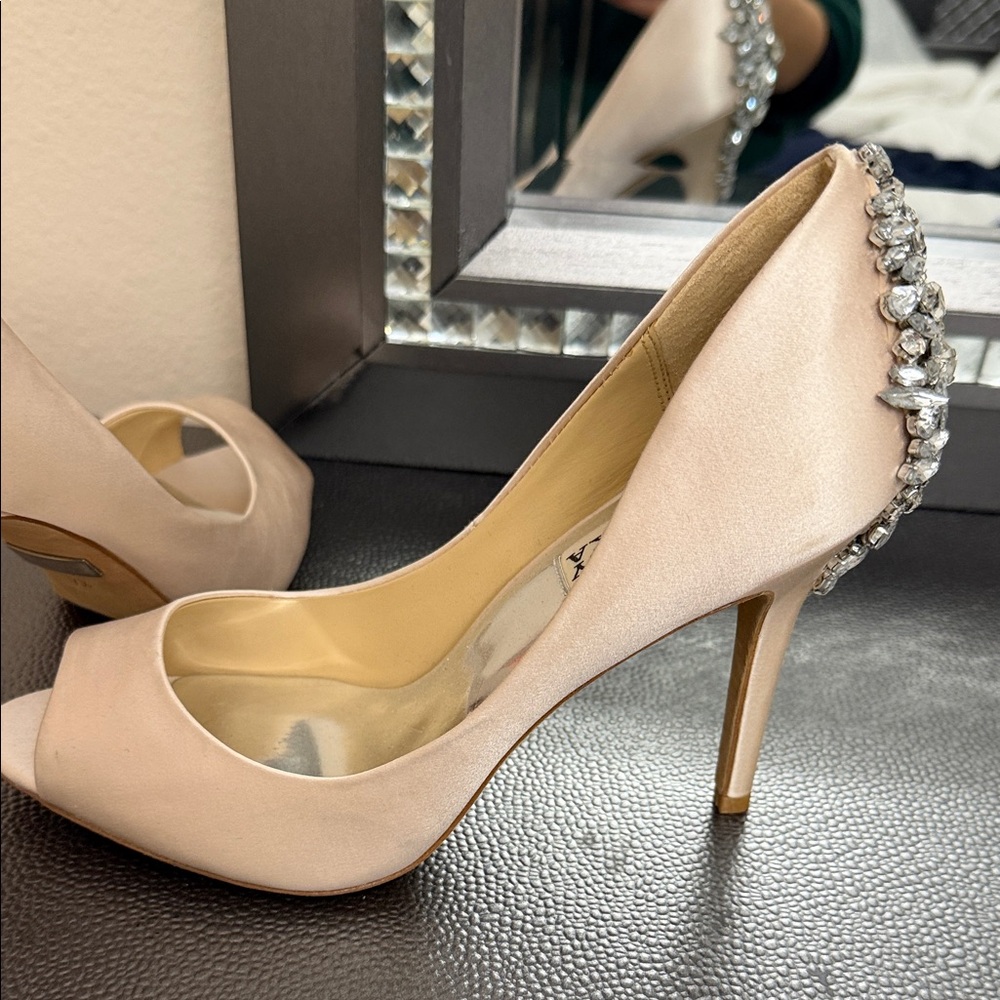 Badgley Mischka Embellished Peep Toe Heels - Nude - Picture 2 of 4